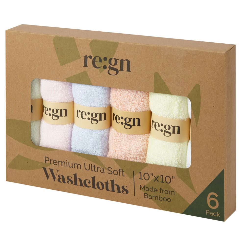 Re:gn Organic Bamboo Face Cloths – Ultra-Soft Eco Washcloths, Pastel 6 Pack