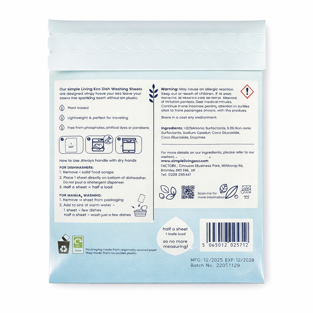 Simple Living Eco Dishwasher Sheets – Unscented – 32 Loads – Made in UK - Case Of 20 Packs