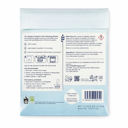 Simple Living Eco Dishwasher Sheets – Unscented – 32 Loads – Made in UK - Case Of 20 Packs