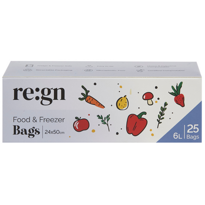 Compostable & Biodegradable 6L Food and Freezer Bags – 25 Bags per Roll, Leakproof, Plant-Based Storage