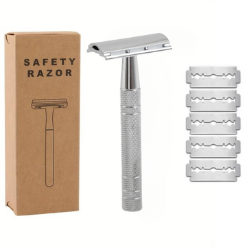 Silver Reusable Safety Razor With 5 Blades